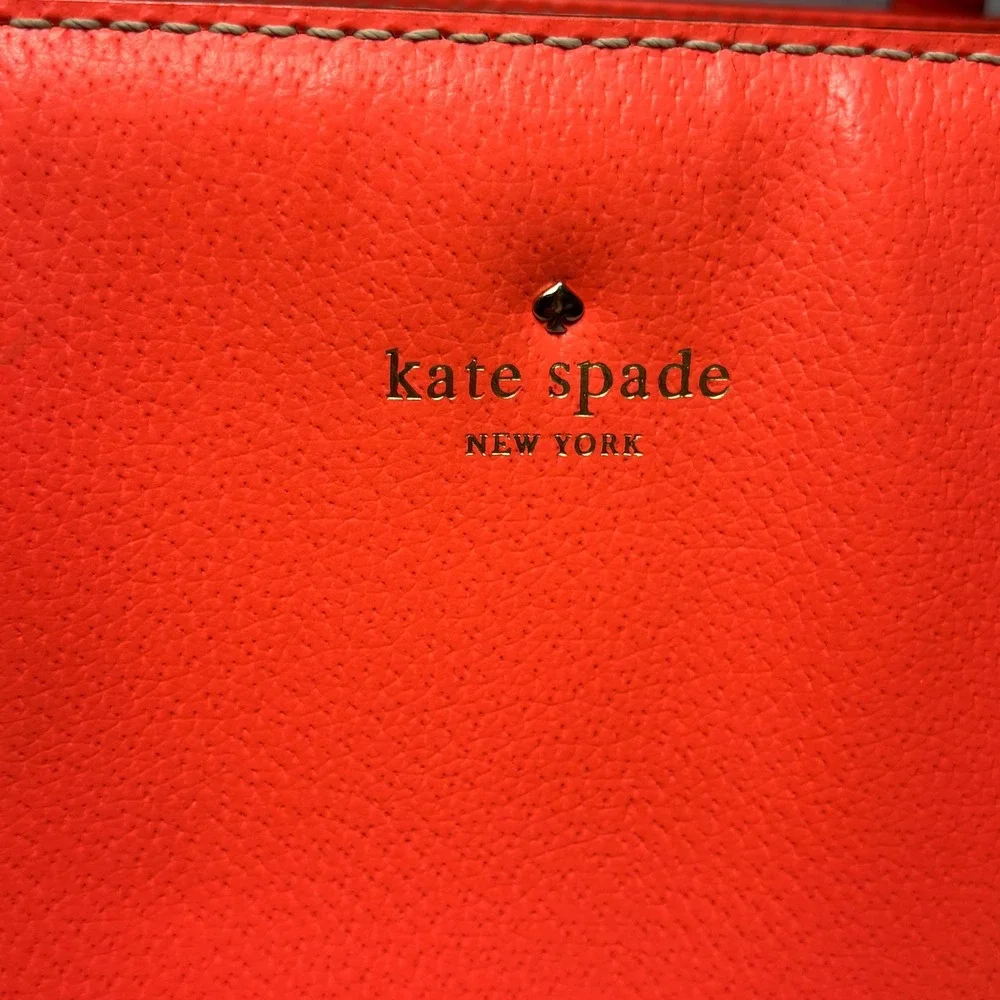 Kate Spade New York Orange Pebbled‎ Leather Tote Bag Chevron Lining Gold Logo